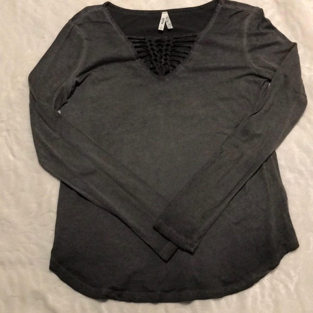 Dark Gray Long Sleeve Tee with Stringed Top